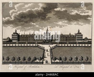 The Hospital of Bethlem [Bedlam] at Moorfields, London: seen from the north, with people walking in the foreground. Engraving by H. Fletcher, 17--. Stock Photo