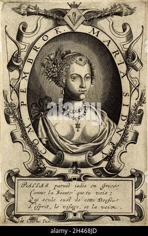 Mary Sidney Herbert, Countess of Pembroke. Line engraving by J. de Courbes. Stock Photo