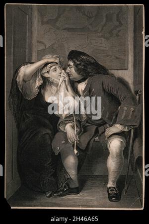 An episode in Tristram Shandy: Uncle Toby looks into Widow Wadman's eye, as she holds it open for him. Line engraving by L. Stocks(?) after C.R. Leslie, 1831. Stock Photo