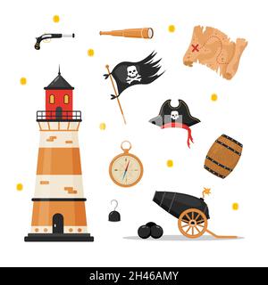 Bundle of pirate items. Lighthouse, flag, hat, spyglass, map. Piracy collection isolated on white background. Childish vector illustration in flat Stock Vector