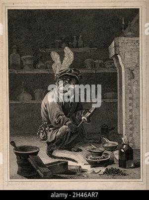 A monkey holding a clyster in an apothecary's shop. Engraving after D. Teniers the younger. Stock Photo