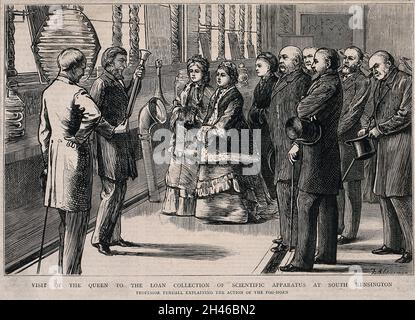 John Tyndall demonstrating a fog-horn to Queen Victoria and her entourage. Wood engraving by T. B. Wirgman, c.1876. Stock Photo