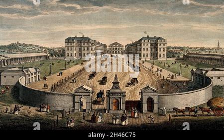 The Foundling Hospital, Holborn, London: a bird's-eye view of the courtyard. Coloured engraving by T. Bowles after L. P. Boitard, 1753. Stock Photo