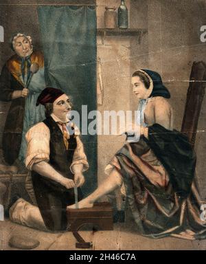 A shoemaker measures up the feet of a young woman who is sitting on a chair holding a shoe in her hand; they exchange looks as they are watched by a displeased woman (his wife?) who is holding a spoon. Coloured lithograph. Stock Photo