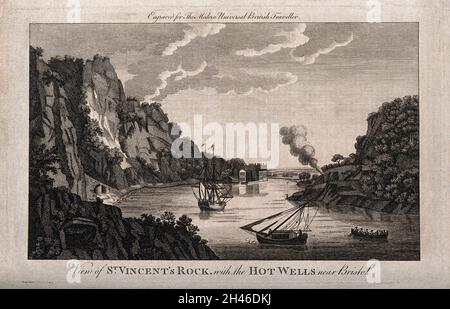 Waterscape scene of St. Vincent's rock and hot wells, near Bristol. Line engraving, 1779. Stock Photo