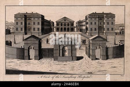 The Foundling Hospital, Holborn, London: a bird's-eye view of the courtyard. Engraving by B. Cole, 1754 [after P. Fourdrinier, 1742]. Stock Photo