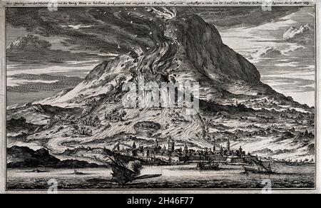 The eruption of Mount Etna in 1669. Etching. Stock Photo