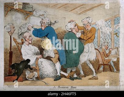 A barber's shop in which a fat barber places a wig on an old bald-headed man, an assistant barber who wears spectacles fits a wig on a stout man, in the righthand background a man sits on a chair facing a window, and in the lefthand foreground a dog fouls a wig. Coloured etching after T. Rowlandson. Stock Photo
