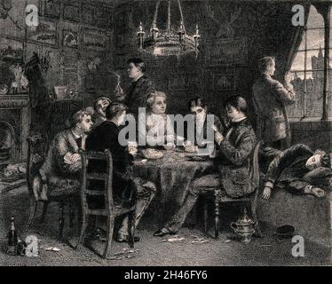 A group of men are sitting around a table, playing cards and smoking, there are empty bottles lying around on the floor and one man has fallen asleep. Etching by S.J. Ferries after Wm. P. Frith. Stock Photo