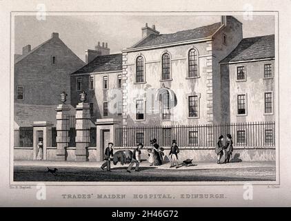 Figures standing outside the Trades' Maiden Hospital, Edinburgh, Scotland. Line engraving by A. Cruse after T.H. Shepherd. Stock Photo