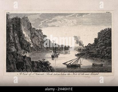 Harbour view of St. Vincent's rock taken from the hot wells, Bristol. Line engraving, 1776. Stock Photo