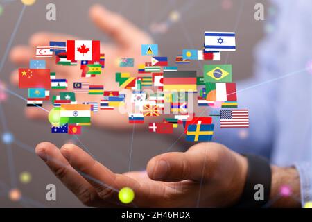 Person presenting the virtual projection of international country flags with binary codes Stock Photo