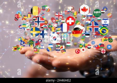 Person presenting the virtual projection of international country flags with binary codes Stock Photo