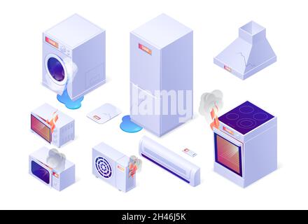 Broken home appliances with leakage, fire and cracks. Vector isometric set of washing machine, electrical stove, refrigerator, microwave, floor wave and conditioner with damage Stock Vector
