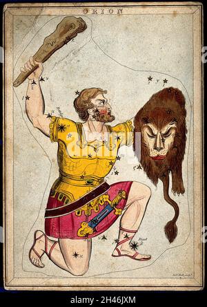 Astronomy: a chart of the constellation Orion. Engraving Stock Photo ...