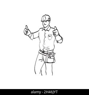 successful male worker with hard hat showing thumbs up hand sign illustration vector isolated on white background line art. Stock Vector