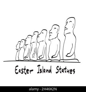 Moai Easter Island statues illustration vector isolated on white background line art. Stock Vector