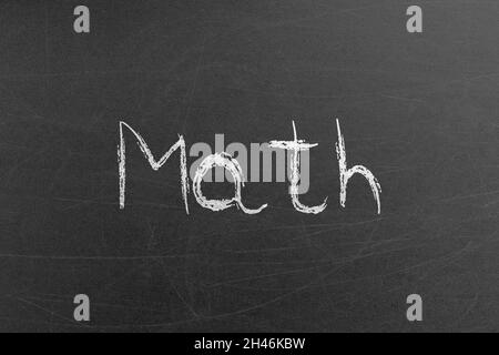 Math word written by chalk on a school blackboard before an exam. Education and teaching concepts and backgrounds Stock Photo