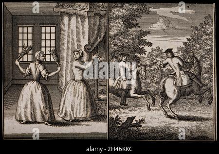 Two men on horseback shooting at each other. Etching. Stock Photo