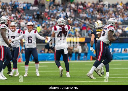 New England Patriots' Jakob Johnson before an NFL football game against the  New Orleans Saints at Gillette Stadium, Sunday,Sept. 26, 2021 in  Foxborough, Mass. (Winslow Townson/AP Images for Panini Stock Photo 