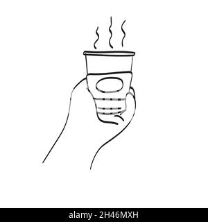 closeup hand holding hot take away coffee paper cup illustration vector isolated on white background line art. Stock Vector