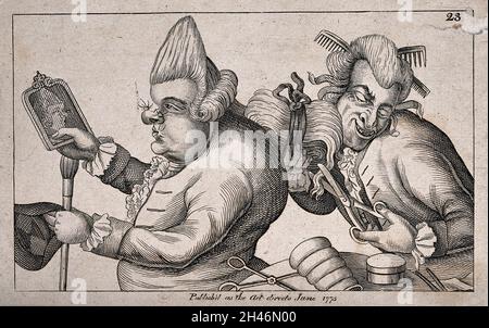 A fat hunchbacked man with two large warts on his nose with hairs growing out, admires his fashionable wig in a hand-mirror; a grinning barber trims his wig in front of a table on which there are various hair-dressing appliances. Engraving, 1773. Stock Photo