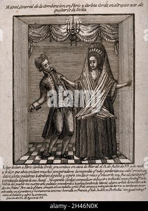 Charlotte Corday stabbing Marat in the heart. Etching. Stock Photo