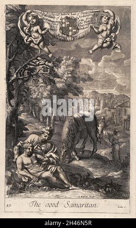 The Good Samaritan tending a man wounded by the wayside and pouring ...