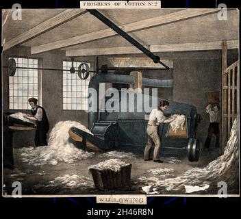 A cotton factory in which a man is feeding raw cotton into a willowing machine. Coloured lithograph after J.R. Barfoot. Stock Photo