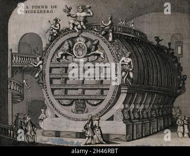 A very large and ornate wine barrel, the Heidelberg Tun, being admired by fashionable visitors. Engraving, c. 1700. Stock Photo