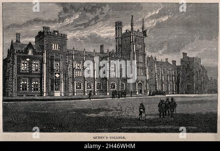 Queen's College, Oxford: panoramic view. Wood engraving. Stock Photo