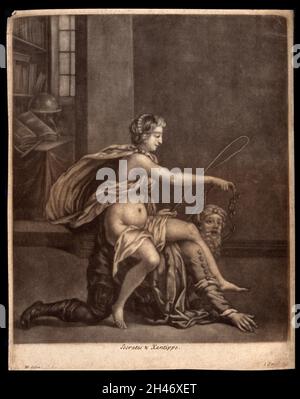 Xanthippe rides on the back of Socrates with a whip in her hand. Mezzotint by J. Smith after HG. Stock Photo