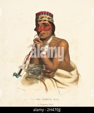 Waemboeshkaa a Chippeway Chief with Peace Pipe from the book ' History of the Indian Tribes of North America with biographical sketches and anecdotes of the principal chiefs. ' Volume 1 of 3 by Thomas Loraine,McKenney and James Hall Esq. Published in 1838 Painted by Charles Bird King Stock Photo