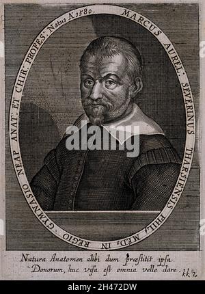 Marco Aurelio Severino. Line engraving by C. Ammon [?], 1650. Stock Photo