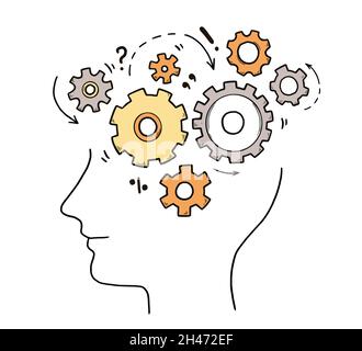 Brain mechanism sketch vector icon. Human brain half of machine parts ...