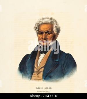 Major Ridge, The Ridge (and sometimes Pathkiller II) (c. 1771 – 22 June 1839) (also known as Nunnehidihi, and later Ganundalegi) was a Cherokee leader, a member of the tribal council, and a lawmaker. As a warrior, he fought in the Cherokee–American wars against American frontiersmen. Later, Major Ridge led the Cherokee in alliances with General Andrew Jackson and the United States in the Creek and Seminole wars of the early 19th century. from the book ' History of the Indian Tribes of North America with biographical sketches and anecdotes of the principal chiefs. ' Volume 1 of 3 by Thomas Lora Stock Photo