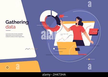 Vector illustration on the subject of data gathering, business intelligence, digital solutions. Editable stroke Stock Vector