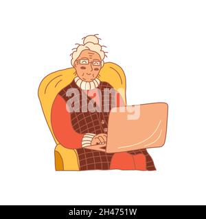 Happy grandma sits in a chair wearing glasses with a laptop. Colorful vector hand drawn isolated illustration. Grandmother smiles and communicates via Stock Vector