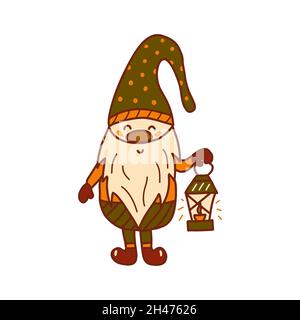 Cute little Christmas or garden gnome is holding a flashlight with burning candles. Colorful vector illustration hand drawn isolated Stock Vector