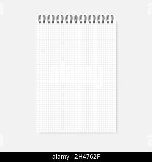 Top spiral grid lined notebook, realistic mock-up. Wire bound squared paper notepad template. A4 diary, mockup Stock Vector