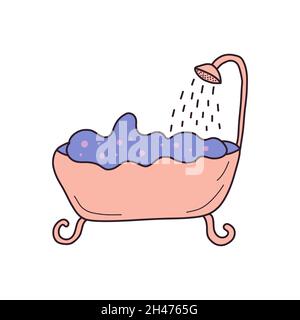 Filled bathroom with foam and bubbles. From above pours shower. Morning routine. Colorful vector isolated illustration hand drawn Stock Vector