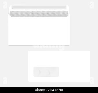 White left hand window peel and seal DL envelope with security pattern. Front and back. Open and closed. Vector mock-up Stock Vector