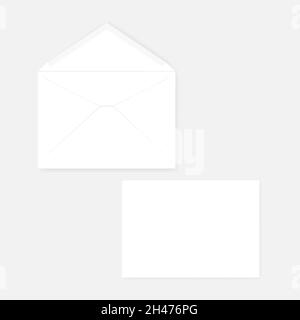 White blank V flap C5 envelope with gummed seal, realistic mockup. Front and back. Open and closed. Vector mock-up Stock Vector