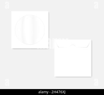 White paper CD sleeve envelope with clear window and flap, realistic mockup. Blank empty disc cover. Front and back. Vector mock-up Stock Vector