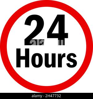 24 hours working sign. Red circle background. Traffic signs and symbols. Stock Vector