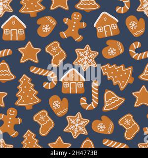 Christmas seamless pattern with different gingerbread cookies. Vector isolated illustration Stock Vector