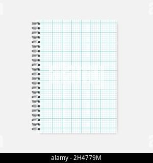 Spiral grid lined notebook, realistic mock-up. Wire bound cross section squared paper notepad template. A4 diary, mockup. Stock Vector