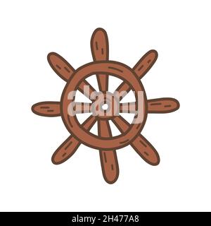 Steering wheel of the ship. Wooden rudder, antique equipment. Colorful vector isolated illustration hand drawn outline Stock Vector