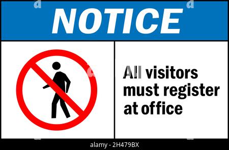 All visitors must register at office notice sign. Warehouse safety signs and symbols. Stock Vector