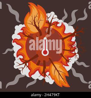 Climate change concept. Illustration of planet in big fire, temperature rise. Vector illustration in flat style Stock Vector